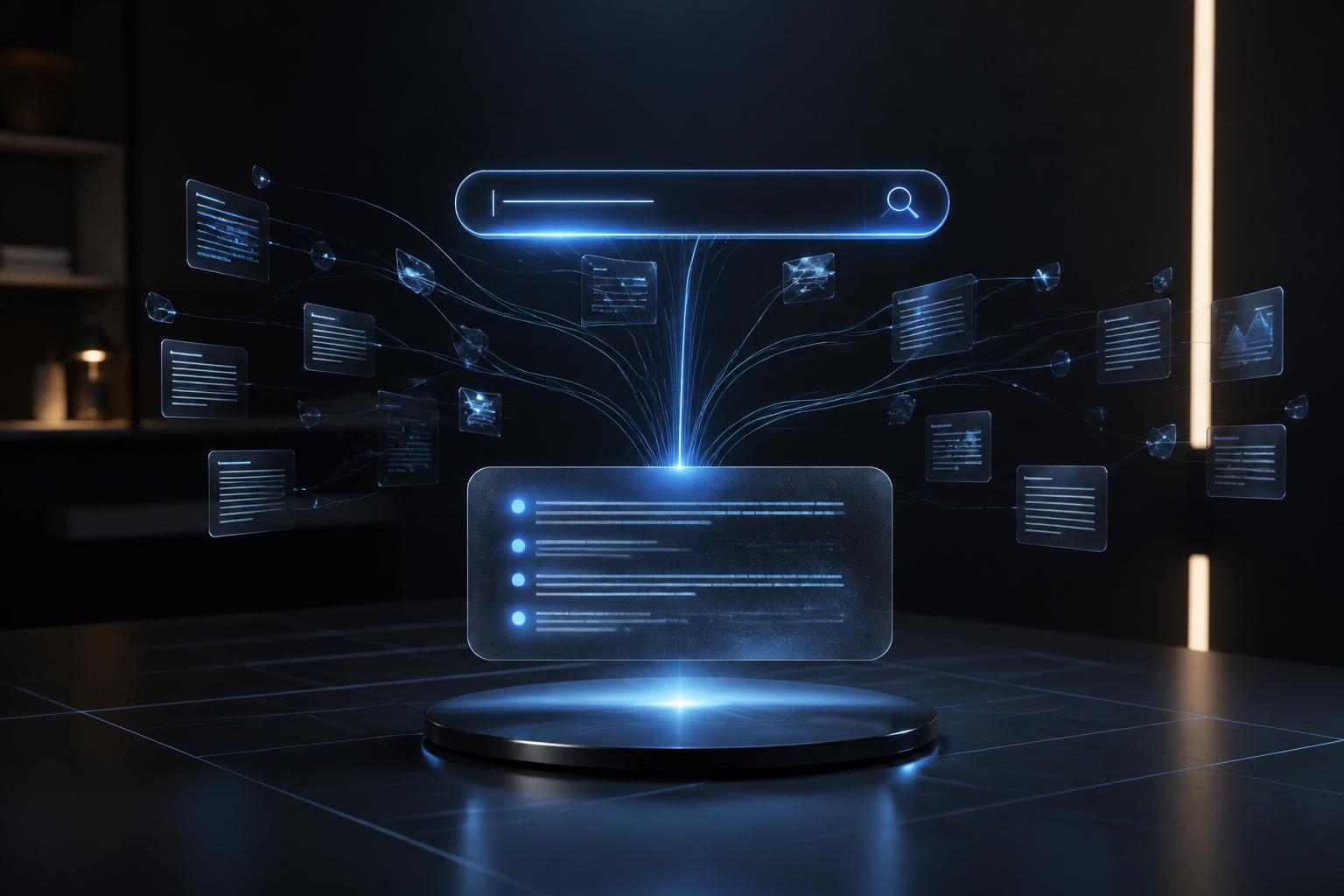 Illustration of an AI search interface pulling cited answers from connected knowledge sources