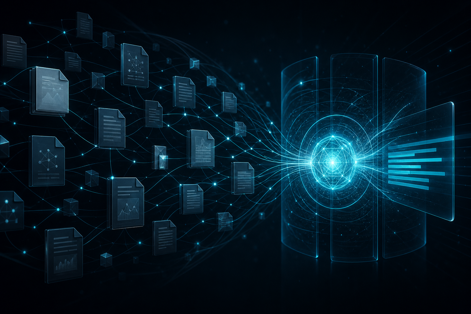 Diagram-style artwork of documents and data flowing into a central AI knowledge core
