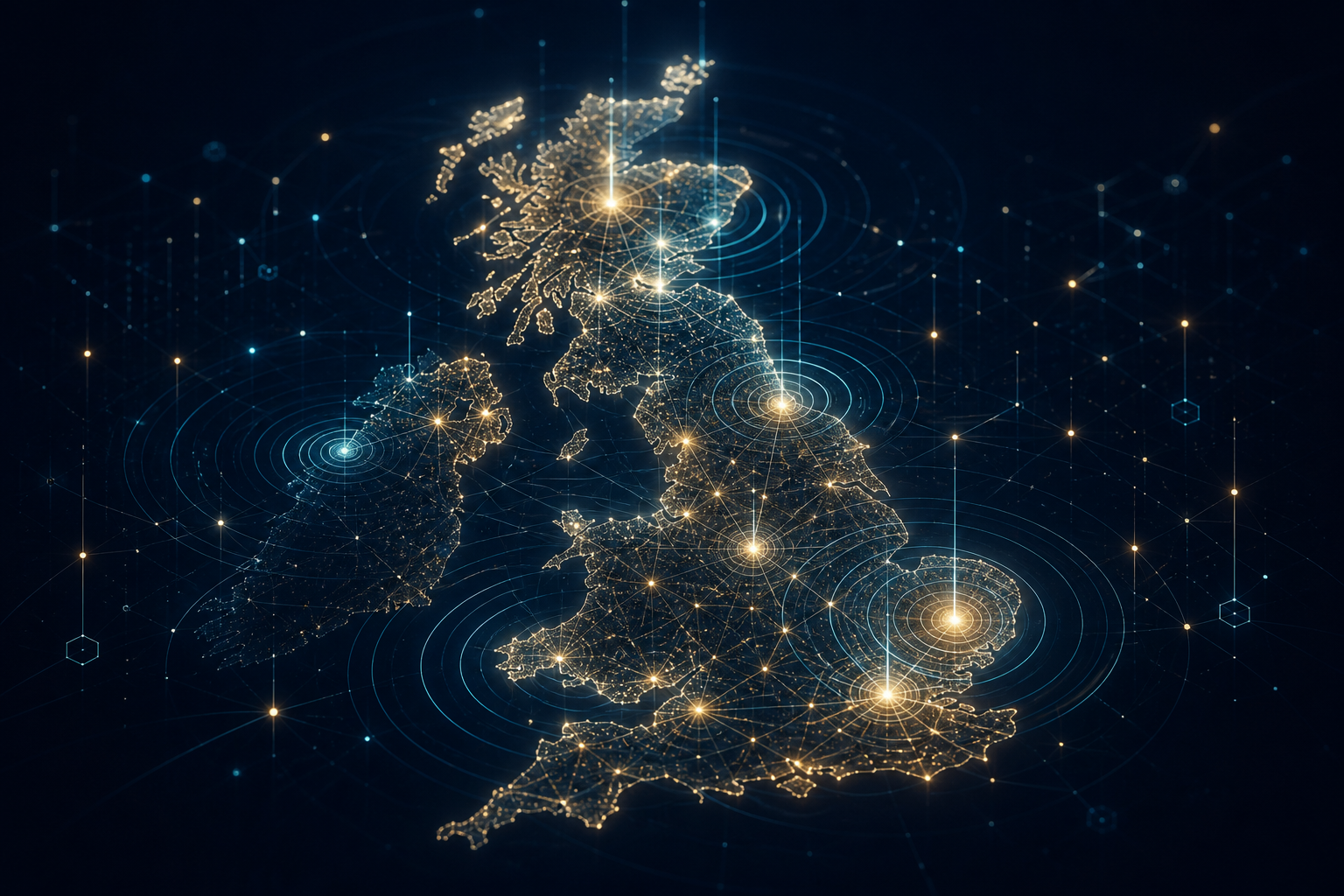 Stylised United Kingdom map showing networked brand visibility across cities